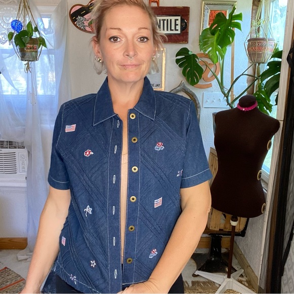 Vintage Koret City Blues Denim USA Button Front Short Sleeve Top Size Small - Picture 4 of 14